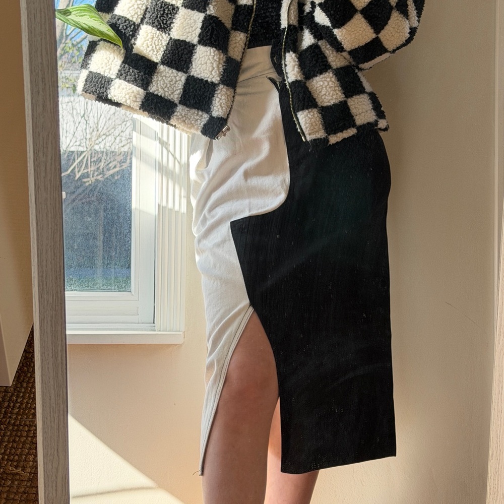 Black & White Asymmetric Denim Midi Skirt